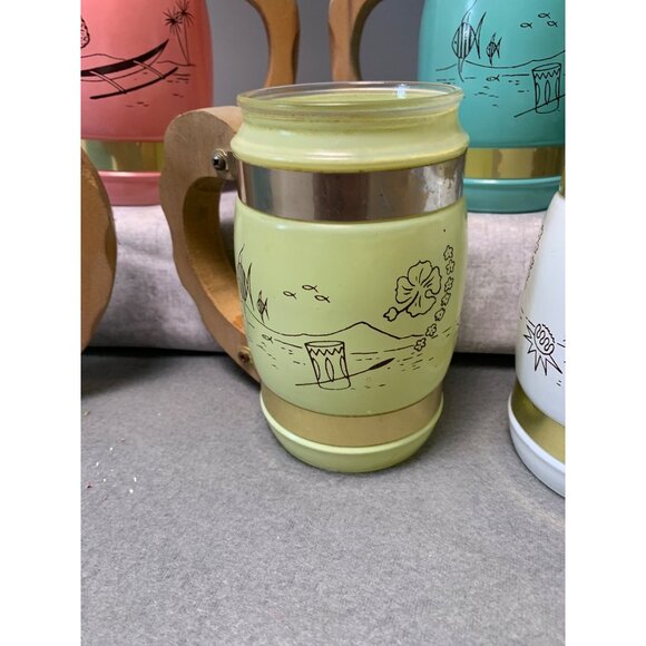 Vintage Siesta Ware Frosted Tiki Mugs With Wood & Brass Handles - 5 Rainbow Colo - Picture 3 of 13